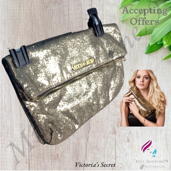 Victoria’s Secret - gold sparkle elegant fold over clutch  gold toned & hardware - Picture 1 of 6